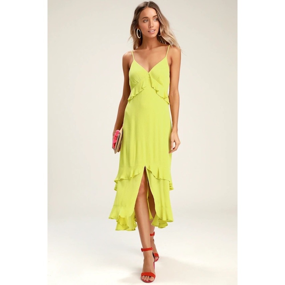 Lulus Ruffle High-Low Midi Dress Women‎ XS Chartreuse Lime Green Tie Back Boho